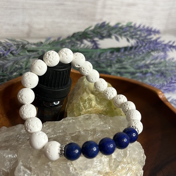 NEW Blue Lapis Essential Oil Diffuser Bracelet White Natural Lava stone - Picture 3 of 7